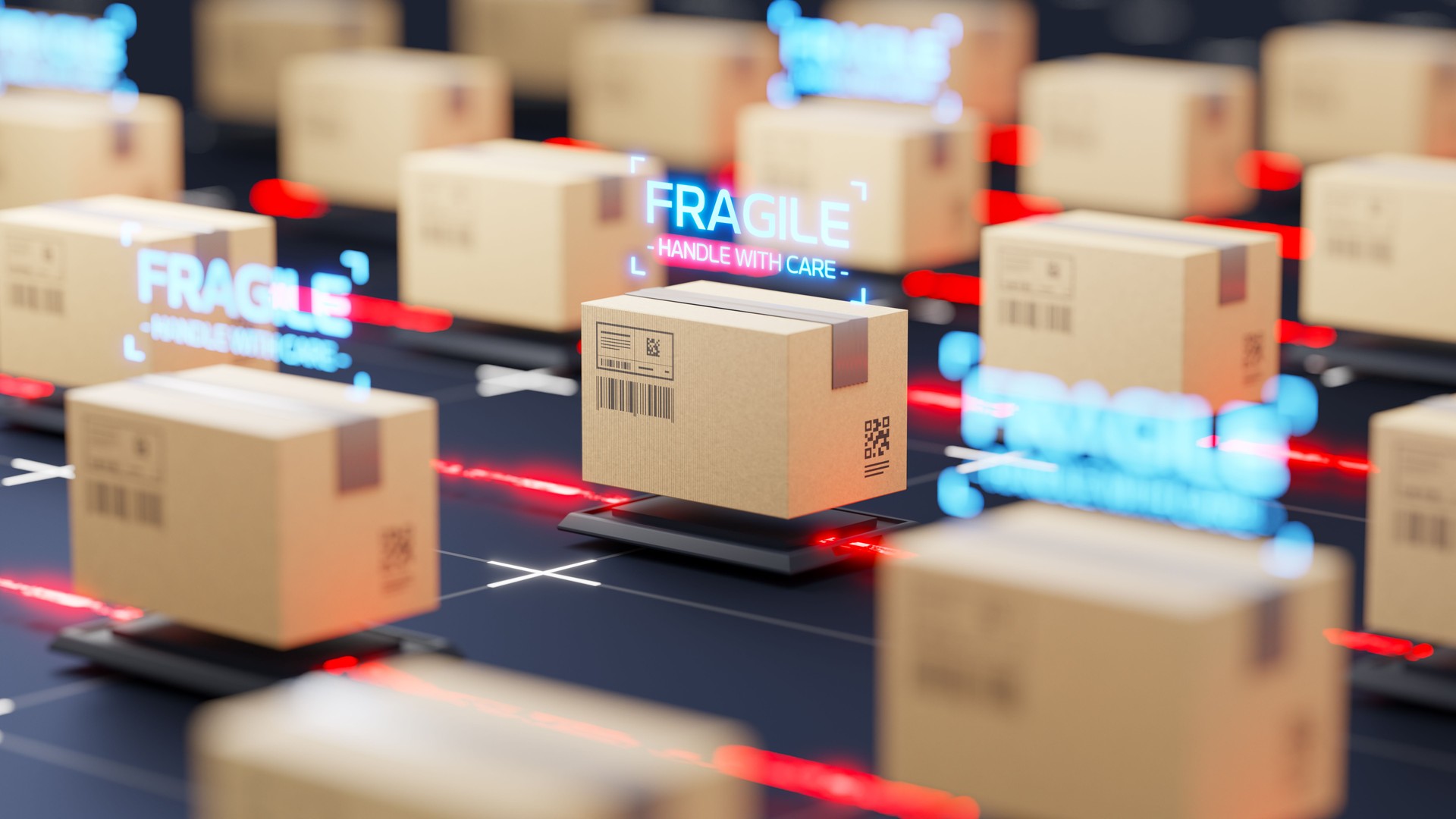 Automatic logistics management concept. Cardboard boxes on abstract futuristic product line with holographic labels “Fragile”