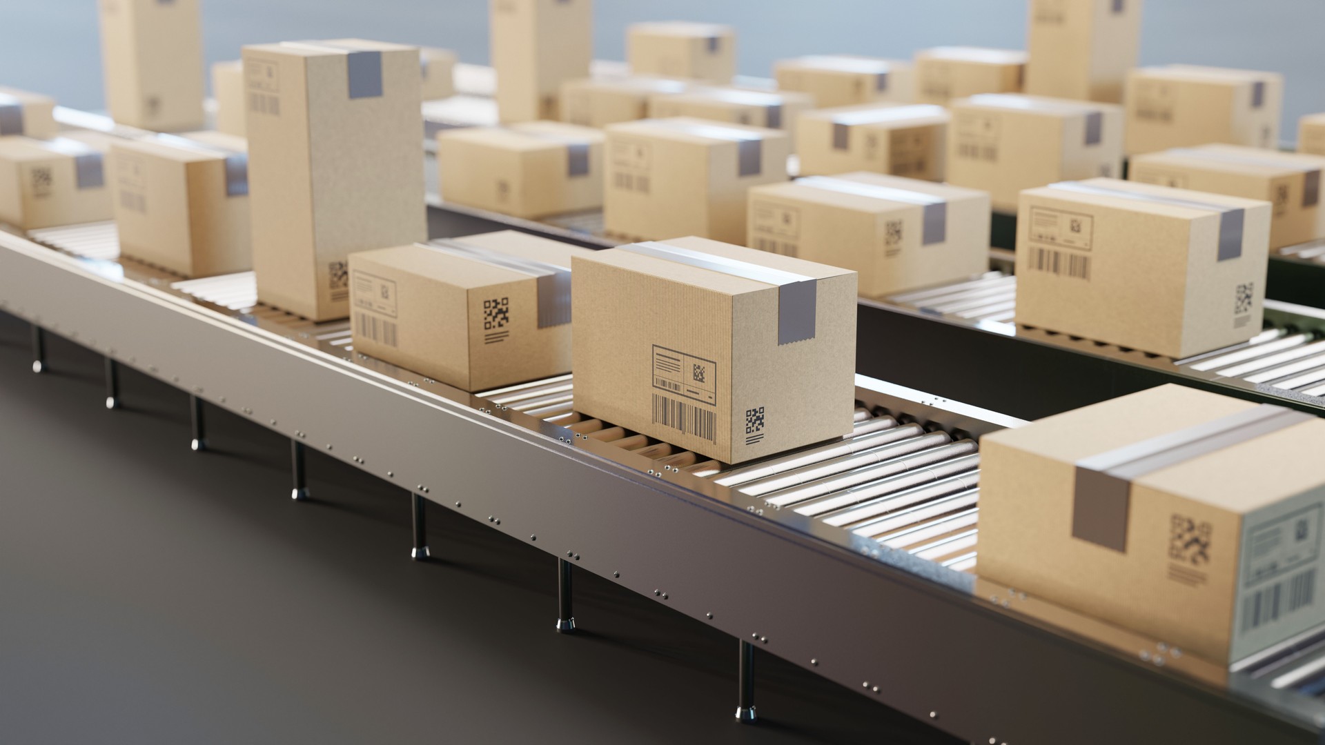 Cardboard boxes on conveyor belt line. Sorting, shipping and transportation concept.