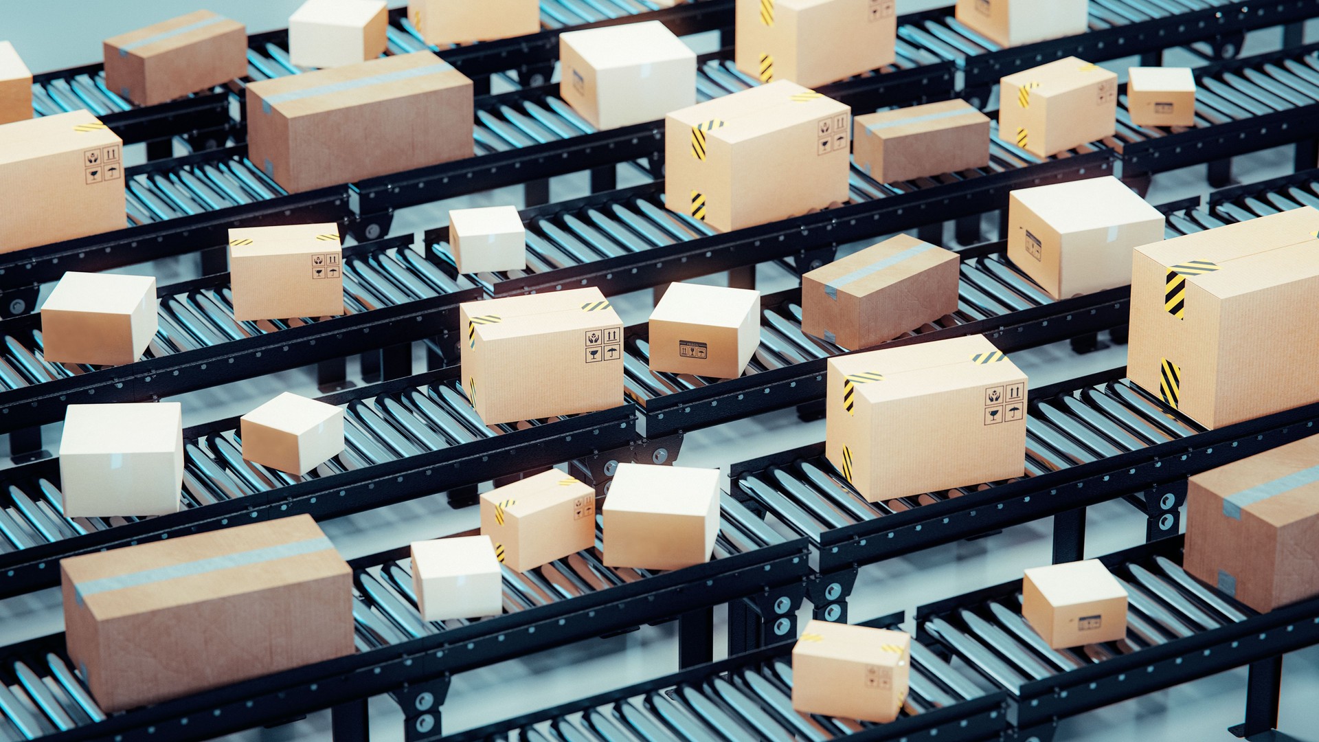 Warehouse  with conveyor belt full of packages ready for distribution