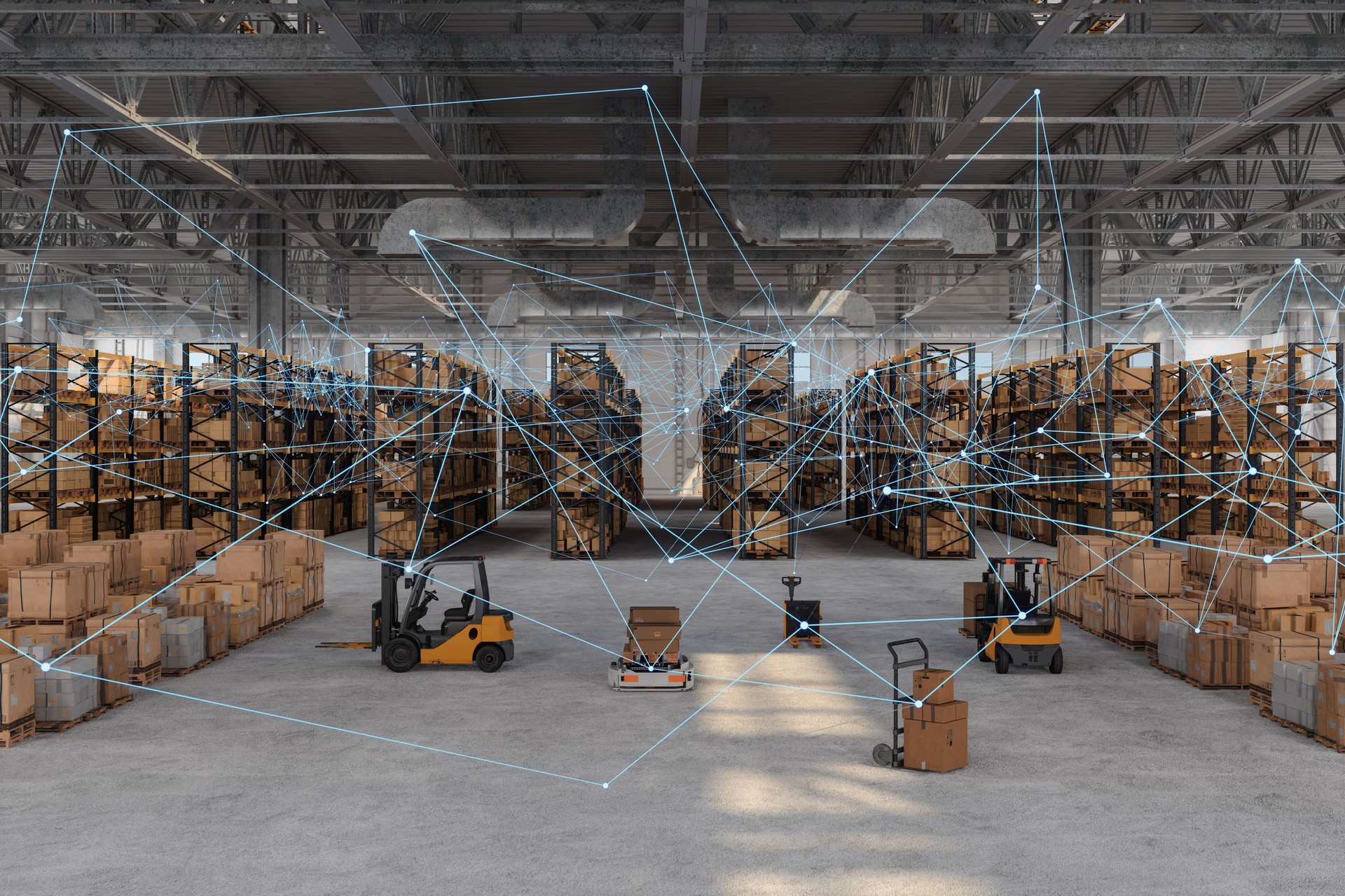 Distribution Warehouse With Plexus, Automated Guided Vehicles, Cardboard Boxes, Forklifts And Pallets. Remote Control With Mobile App And Technology Devices.